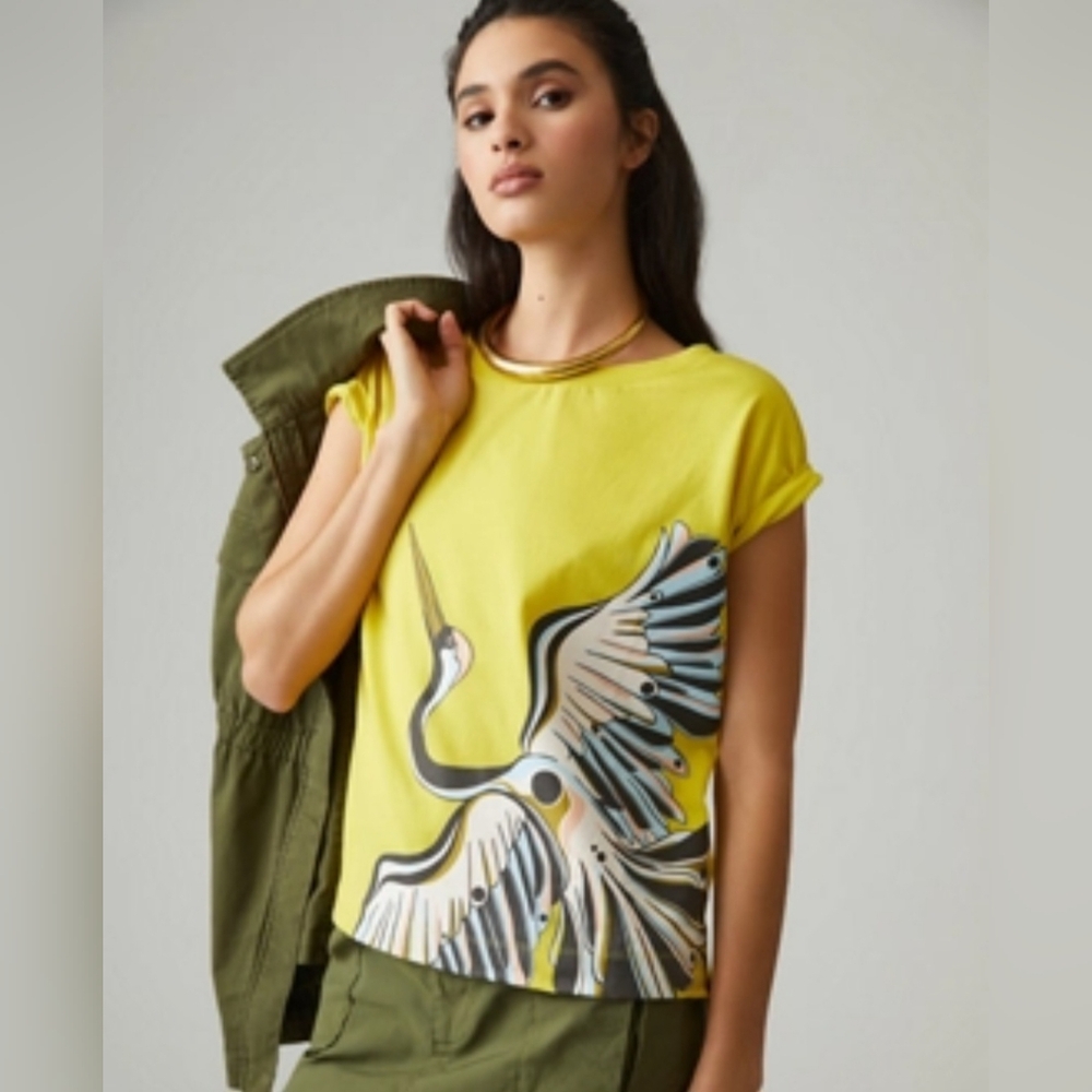 Anthropologie Kenzie Parrott Paints Boxy Graphic Tee Yellow Crane Medium
